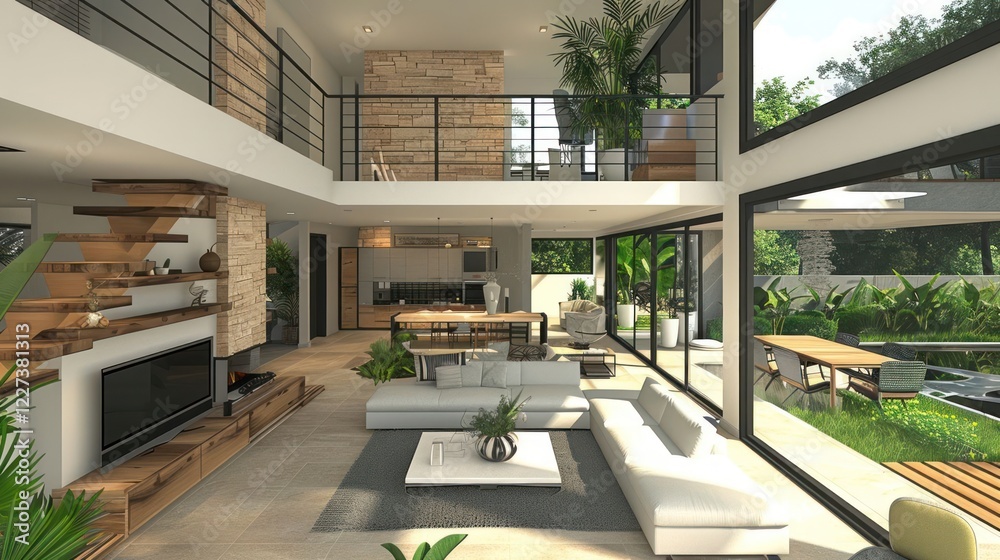 Fototapeta premium Modern interior of a spacious living room with open kitchen and greenery, bright sunlight streaming in
