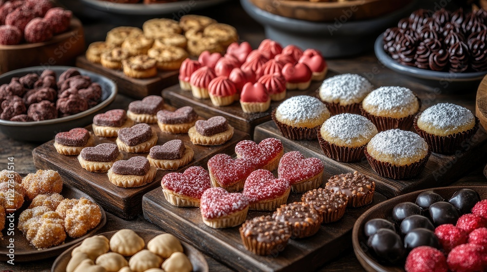 A dessert table with heart-shaped cookies and candies A dessert table with heart-shaped cookies and candies