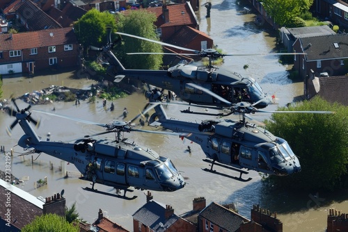 A floodwater rescue operation, with helicopters airlifting people from rooftops surrounded by rising water photo