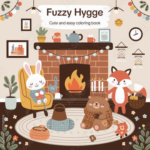 cute coloring book cover, cover, cute kids illustration, cartoon cover, cartoon illustration, kawaii coloring, easy and bold, kawaii cover, cozy, cozy cover, fuzzy, hygge, coloring pages, adult colori