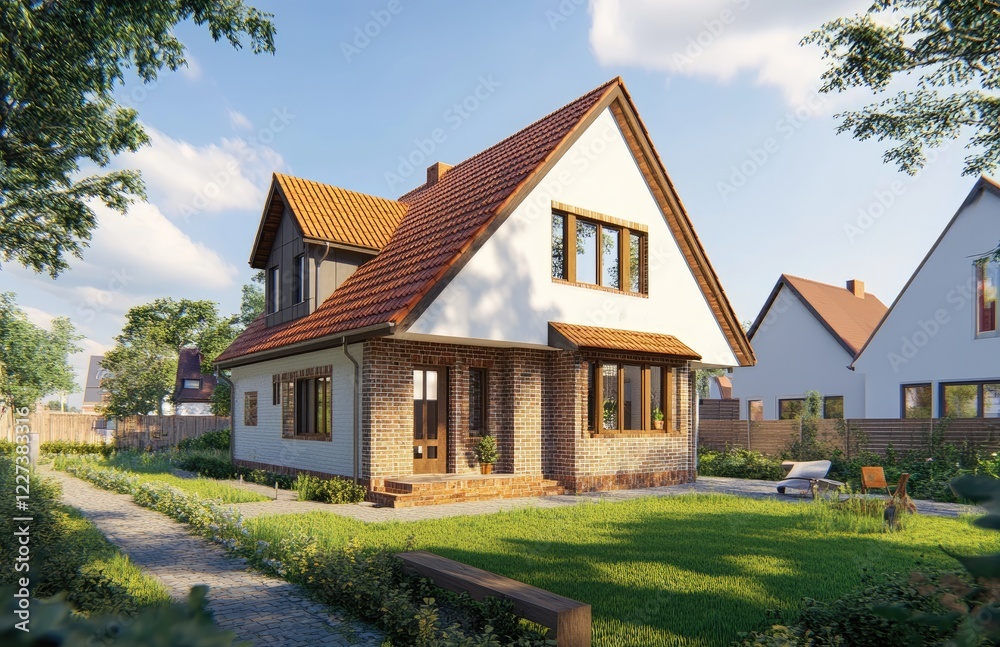Newly built family house in Poland, two floors with a tiled roof and brown tiles on the gable wall, white walls at ground level and red bricks below Newly built family house in Poland, two floors with a tiled roof and brown tiles on the gable wall, white walls at ground level and red bricks below