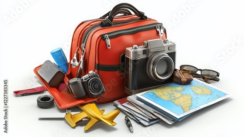 A vibrant red travel bag overflowing with cameras, maps, and travel essentials on a white backdrop photo