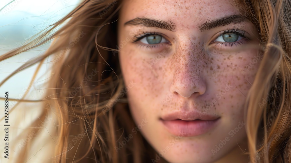 A close-up of a woman with freckles and blue eyes looking at the camera. A close-up of a woman with freckles and blue eyes looking at the camera.