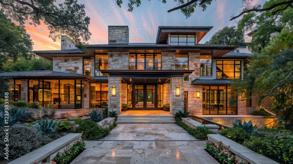 Fototapeta premium Modern architectural home with large windows surrounded by lush greenery at sunset