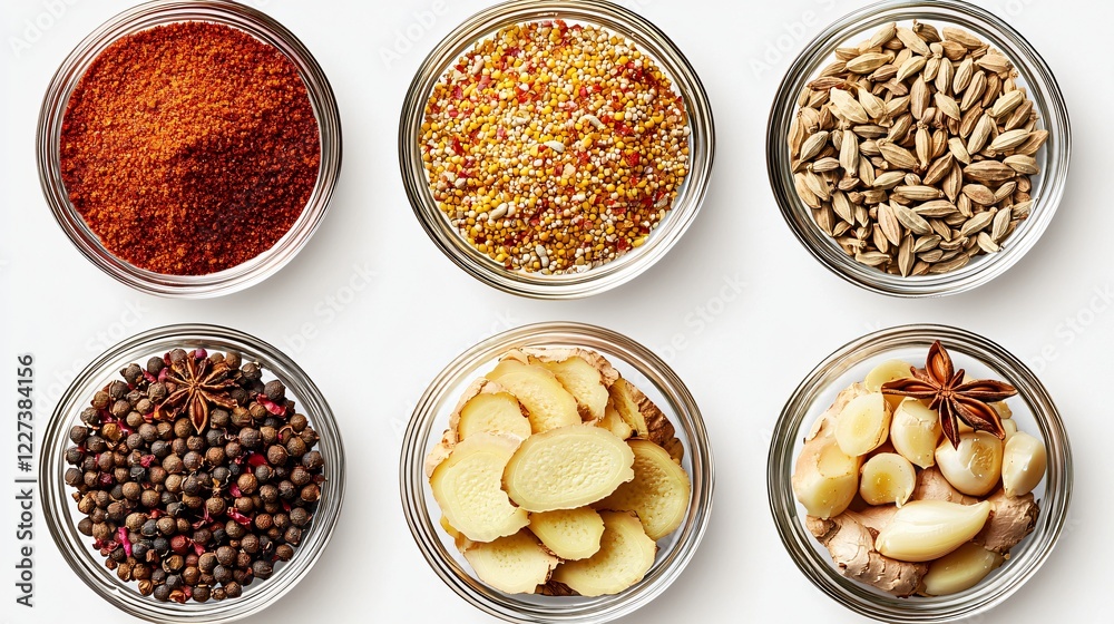 Variety of Colorful Spices in Glass Bowls on White Background Culinary Seasoning Ingredients. Variety of Colorful Spices in Glass Bowls on White Background Culinary Seasoning Ingredients.
