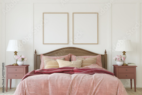 Interior of modern bedroom. Poster mockup. 3d render.