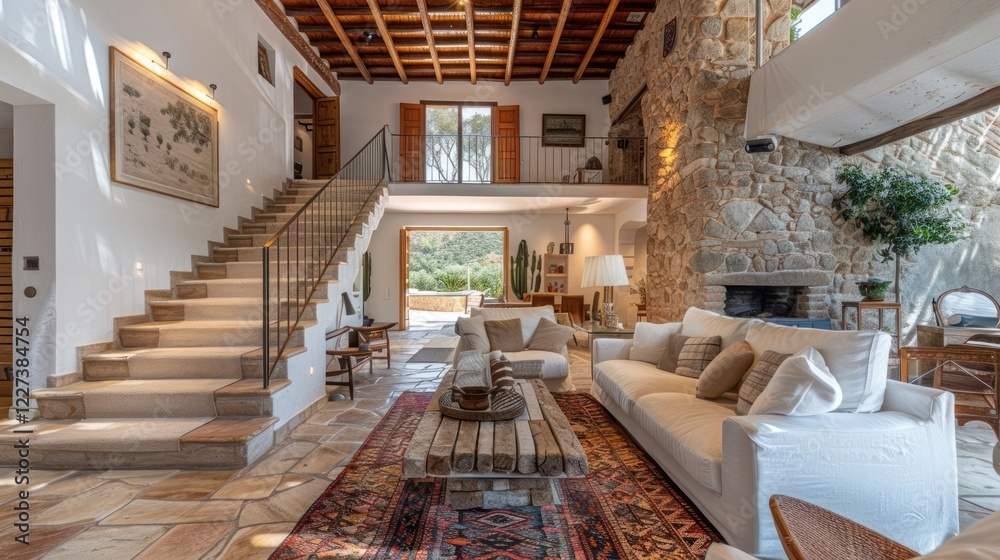 Obraz premium Cozy interior of a rustic living room featuring a stone fireplace, wooden beams, and natural light