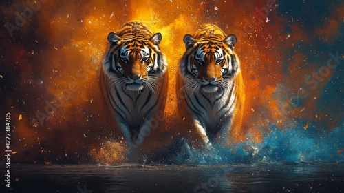 Dual Majestic Tigers Emerging with Splashes of Color and Power, striking imagery of animal presence photo