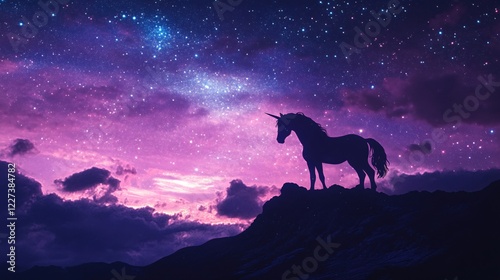 Unicorn silhouette stands on hill under a vibrant purple starry night sky with dark clouds