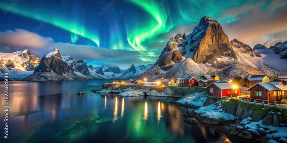 Obraz premium A majestic aurora borealis display in the night sky above Hamnoy, Norway's rugged coastline with snow-capped mountains and dark fjords , hamnoy, winter wonderland