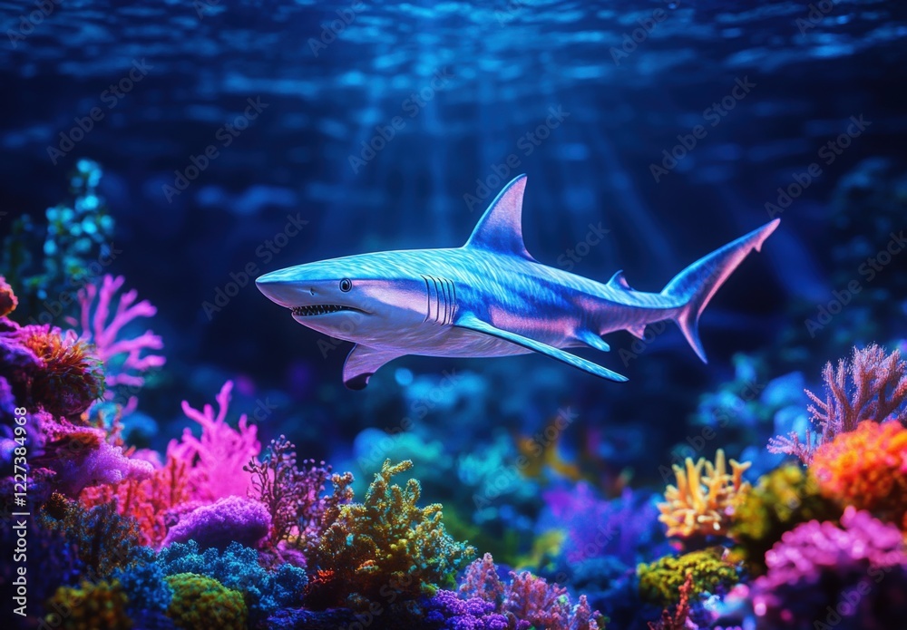Fototapeta premium A blue and white shark swims through a colorful coral reef