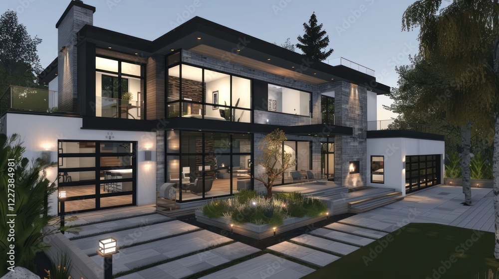 Fototapeta premium Modern architectural design of a luxurious house at dusk with landscaped garden and lighting