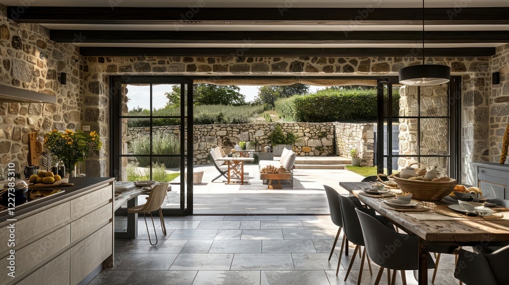 Fototapeta premium Modern rustic kitchen with stone walls, open to a serene outdoor dining area, showcasing nature