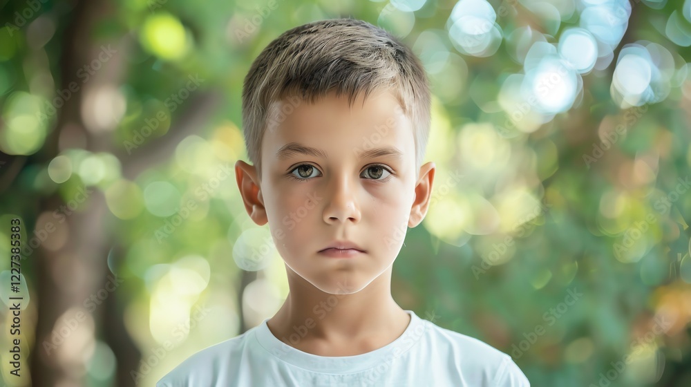 A young boy with brown hair and green eyes is looking at the camera with a serious expression. A young boy with brown hair and green eyes is looking at the camera with a serious expression.