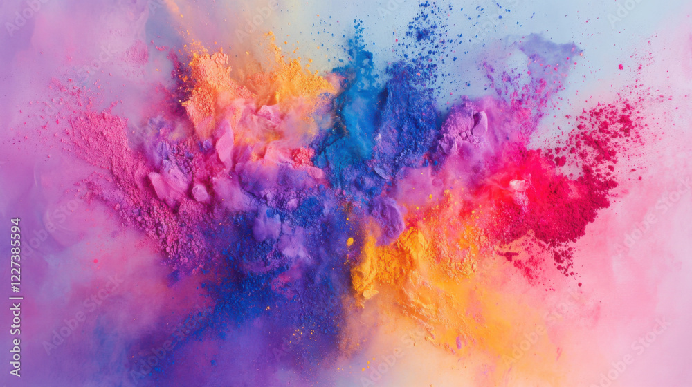 Colorful powder explosion creating vibrant abstract background with shades of pink, purple, blue, and yellow. This dynamic image evokes sense of creativity and energy Colorful powder explosion creating vibrant abstract background with shades of pink, purple, blue, and yellow. This dynamic image evokes sense of creativity and energy