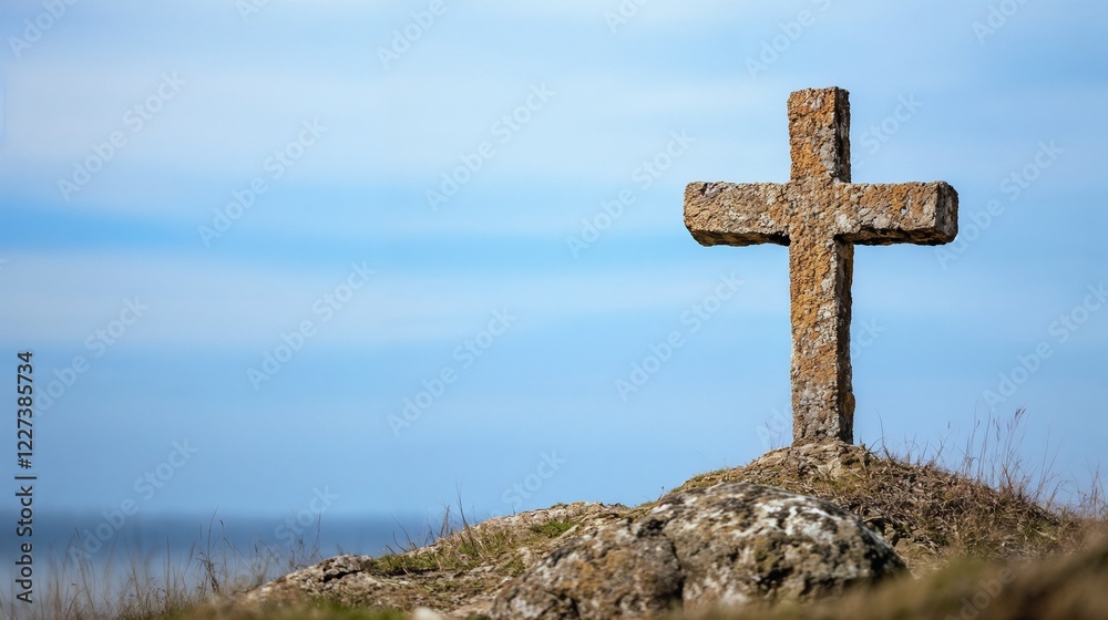 Stone cross on hilltop against blue sky. Suitable for religious themes, spiritual concepts and historical heritage Stone cross on hilltop against blue sky. Suitable for religious themes, spiritual concepts and historical heritage