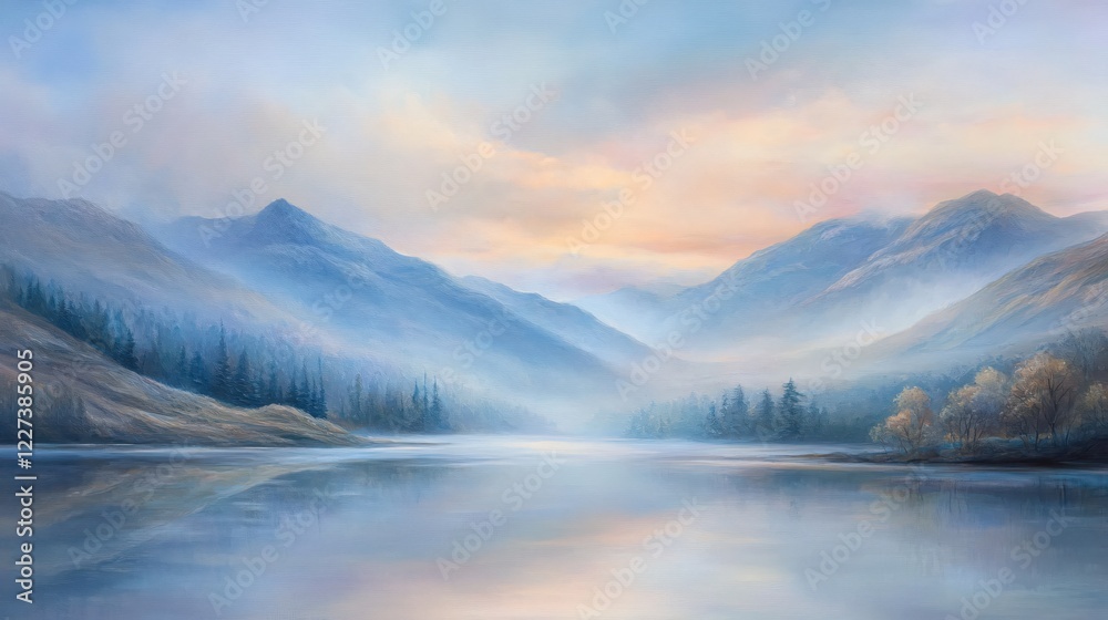 Fototapeta premium Serene landscape painting of misty mountains and reflective lake at dawn with soft light