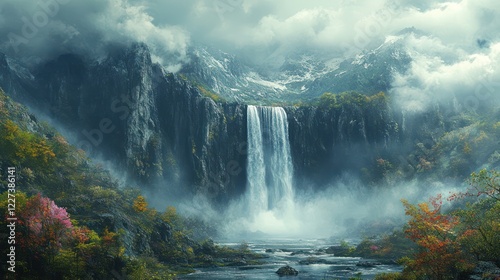 Majestic Waterfall in Misty Mountains