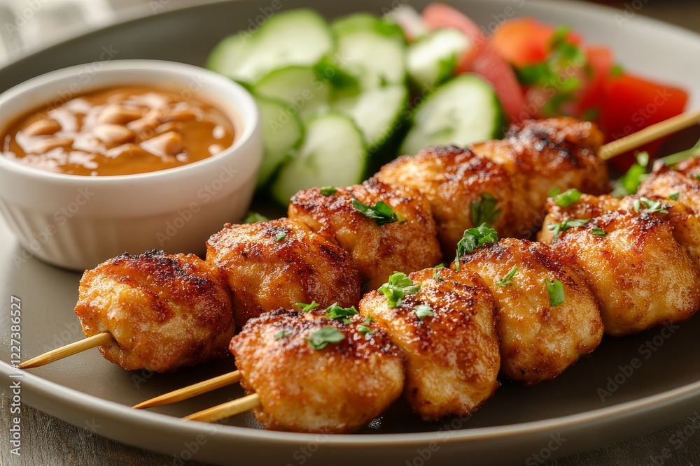 Grilled chicken satay with peanut sauce, salad Grilled chicken satay with peanut sauce, salad