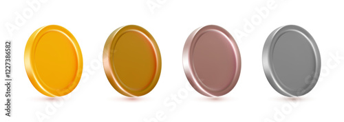 Vector illustration of set of golden, bronze and silver shine coin on white background. 3d realistic style design of blank different color coin, game chip, money symbol for gambling and casino chip