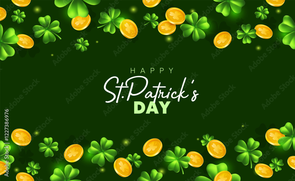 Naklejka premium Vector illustration of irish green clover and golden coin with happy saint patricks day word on green background. 3d style design of leprechaun gold and clover for st patrick day celebration