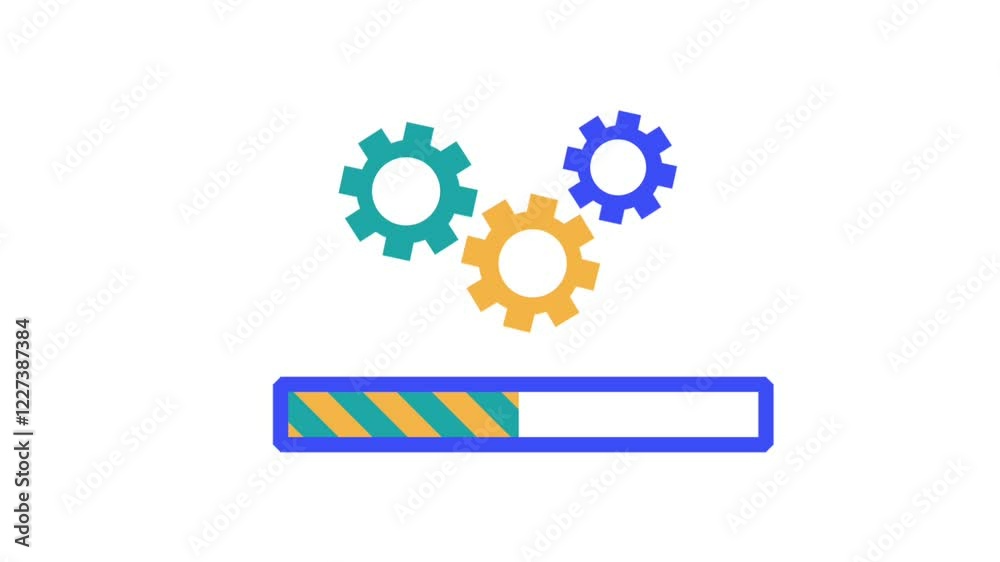 Gear mechanism with progress bar animation.Animation of colorful rotating gears with a progress bar, symbolizing loading, process automation, and system functionality in technology.