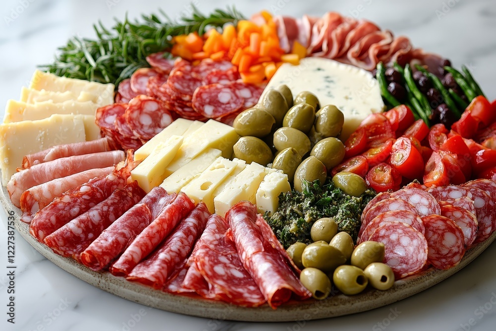 Italian charcuterie board, appetizers, party food, marble table Italian charcuterie board, appetizers, party food, marble table