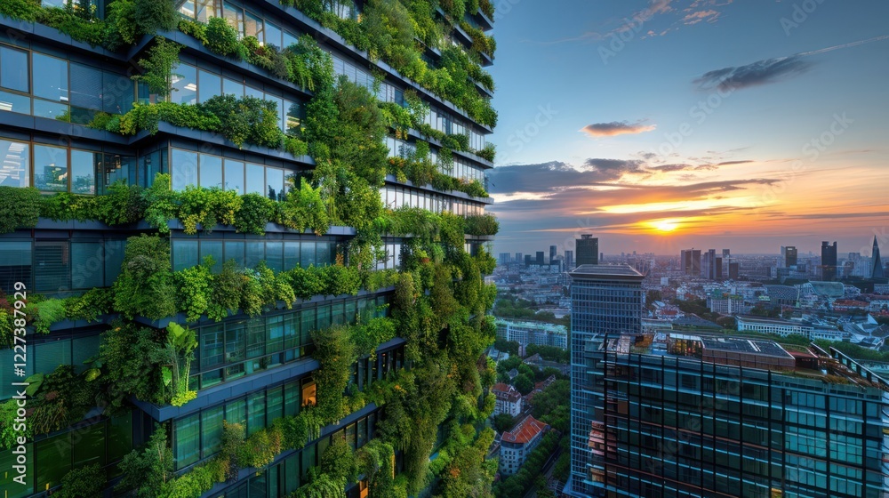 Fototapeta premium Lush Green Vertical Garden Skyscraper at Sunset Overlooking Urban Cityscape with Vibrant Sky