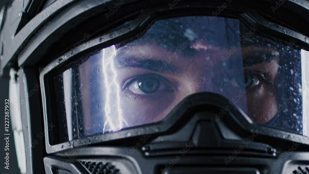 Close-up of a soldier's face, partially obscured by a helmet and goggles, with a lightning strike reflected in the wet surface of the goggles Close-up of a soldier's face, partially obscured by a helmet and goggles, with a lightning strike reflected in the wet surface of the goggles