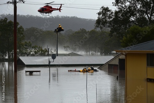 A floodwater rescue operation, with helicopters airlifting people from rooftops surrounded by rising water photo