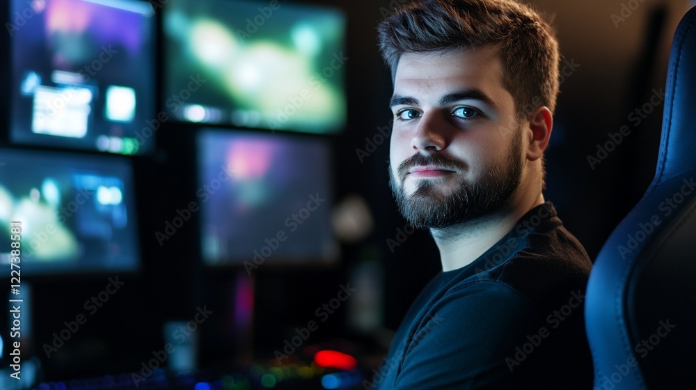 Portrait of a man with multiple computer screens in a dark room setting in his home