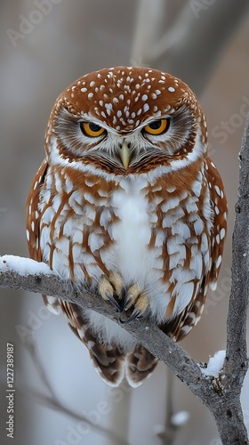 HD Phone Wallpaper Majestic Northern Pygmy Owl Perched on Snowy Branch in Winter photo