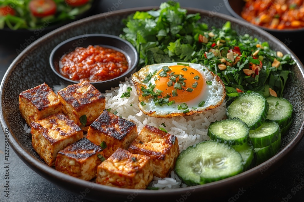 Fototapeta premium Tofu bowl with rice, egg, cucumber, and chili sauce