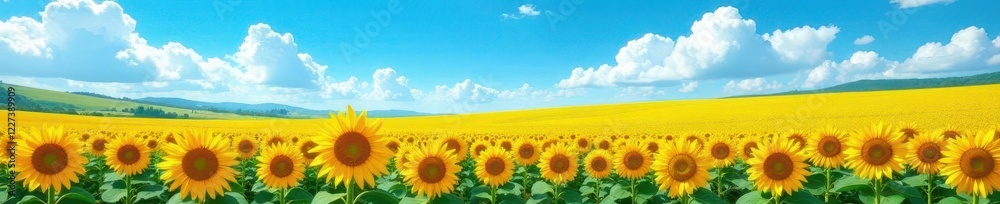 Obraz premium Vast sunflower field under a vibrant blue sky dotted with fluffy white clouds , plants, landscape, serene