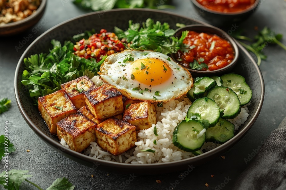 Tofu rice bowl with egg, vegetables, and sauce Tofu rice bowl with egg, vegetables, and sauce