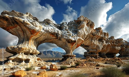 Majestic rock formations under a dramatic sky in a remote desert landscape