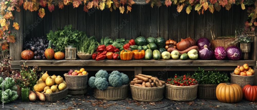 Fototapeta premium Fresh harvest display local farmer's market vegetables rustic setting eye-level view bounty of nature