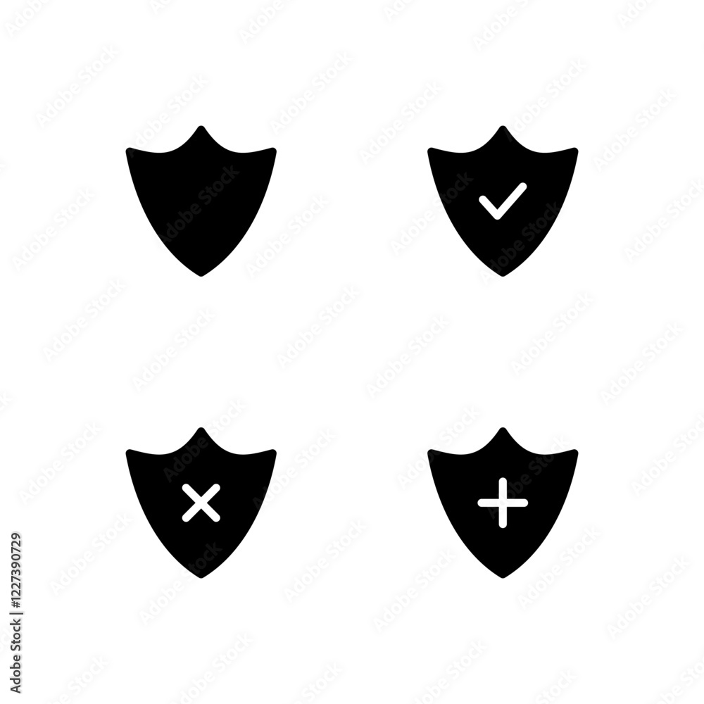 Shield icon set. Protection shield icon. Safety icon. Approve, Cross, Add shield icon.