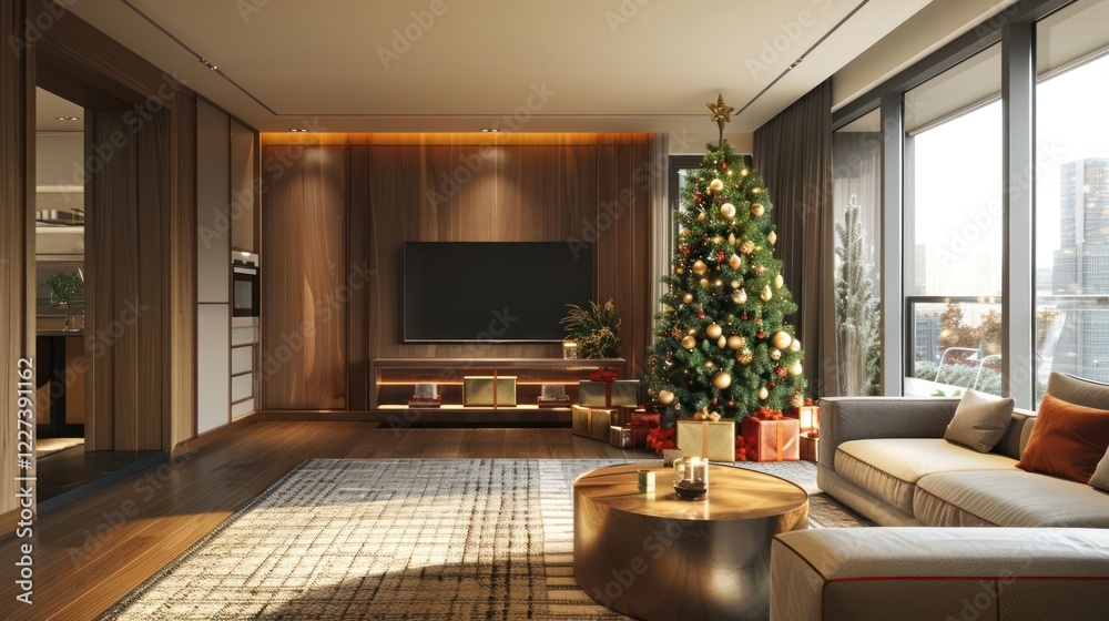 Fototapeta premium Cozy living room decorated for Christmas with a tree, gifts, and a warm ambiance in a modern setting