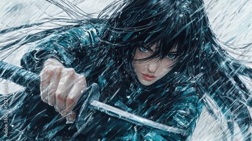 Rain-soaked warrior woman, katana, fierce gaze, storm background; fantasy art