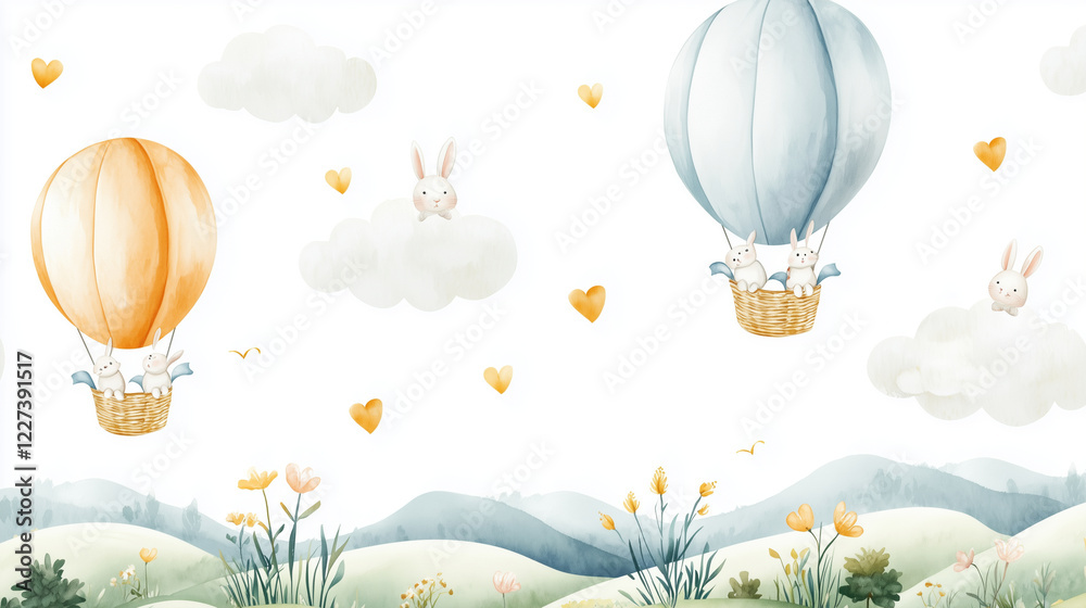 Obraz premium Bunnies in Hot Air Balloons Over Flower Fields