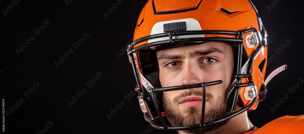 Close Up Portrait Of A Young Man In Orange Football Helmet Close Up Portrait Of A Young Man In Orange Football Helmet