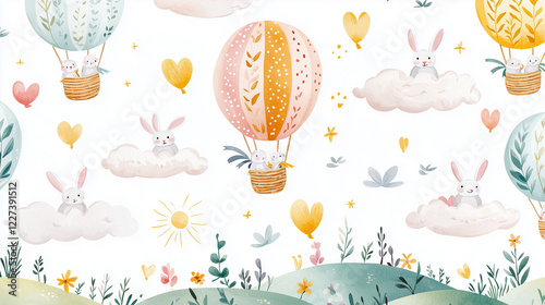 Bunny Hot Air Balloons Easter Pattern with Wildflowers and Birds
