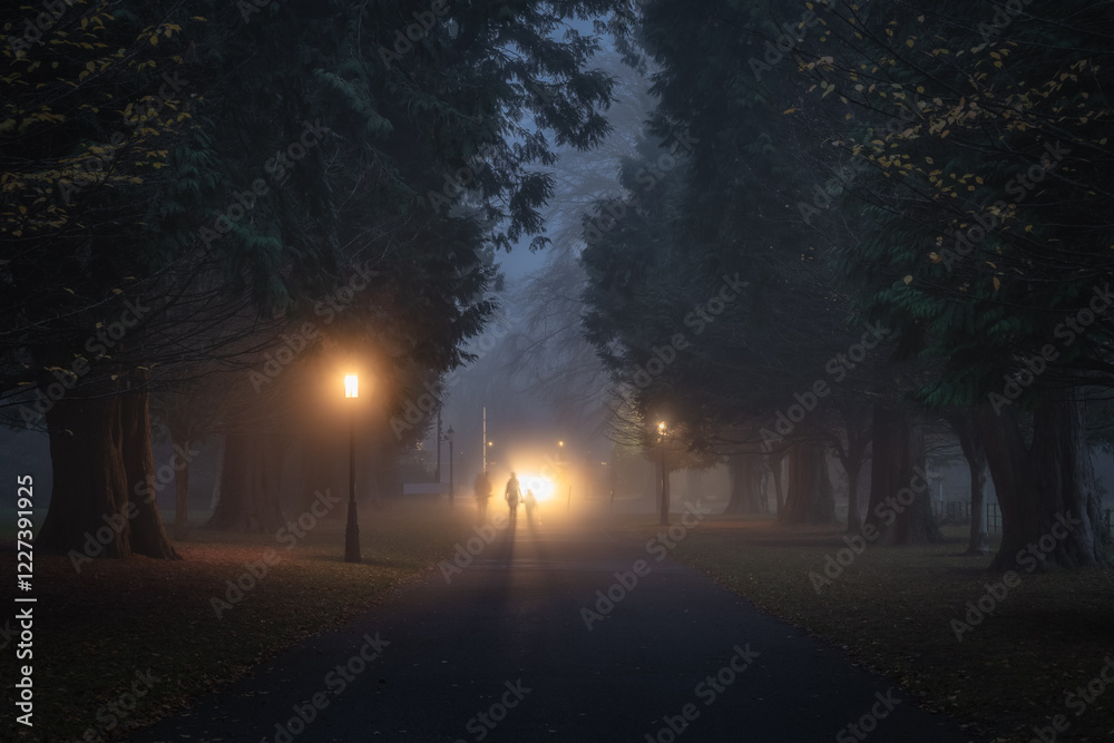 Blurred silhouette of people illuminated by bright lights, that walks in fog on road surrounded by trees and street lamps, Phoenix Park Dublin Ireland