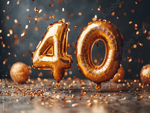 40th Birthday Celebration Concept with Balloons, Cake, and Number 40