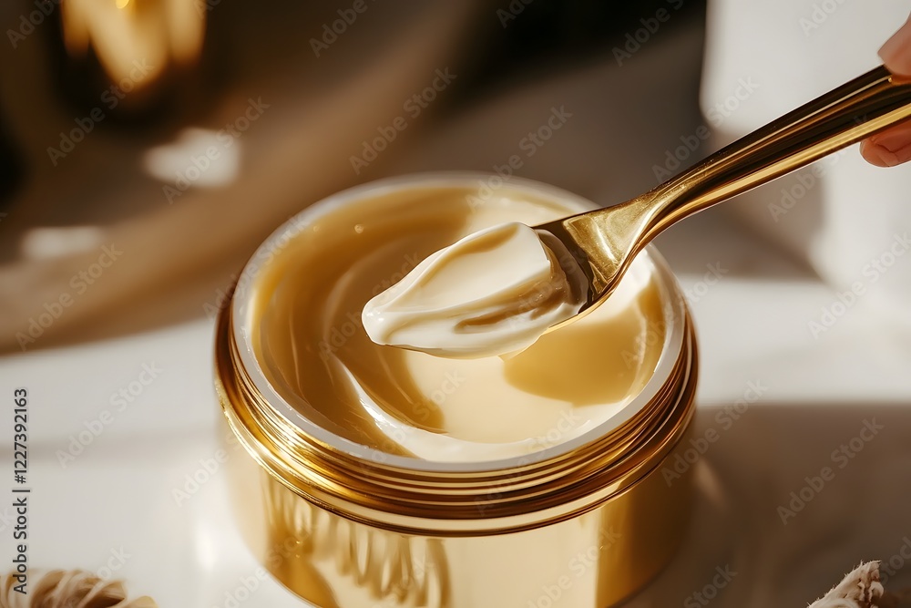 Luxurious Golden Jar of Face Cream Rich Moisturizer Skincare Product Closeup Luxurious Golden Jar of Face Cream Rich Moisturizer Skincare Product Closeup