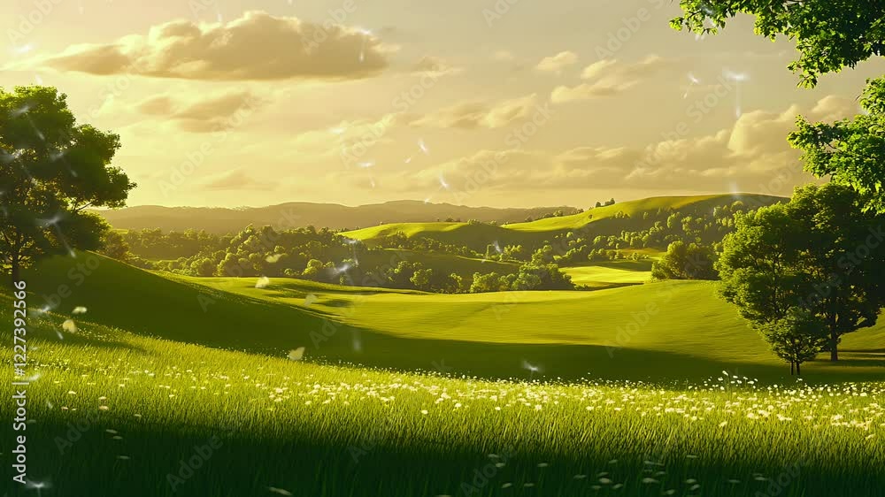 Idyllic rolling green hills under golden sunlight with scattered wildflowers. Seamless looping time-lapse animation video background  
