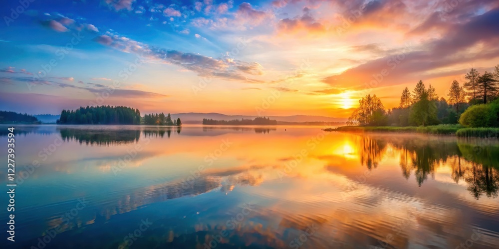 Obraz premium Softly glowing sunrise over a serene lake,gentle colors, gentle colors