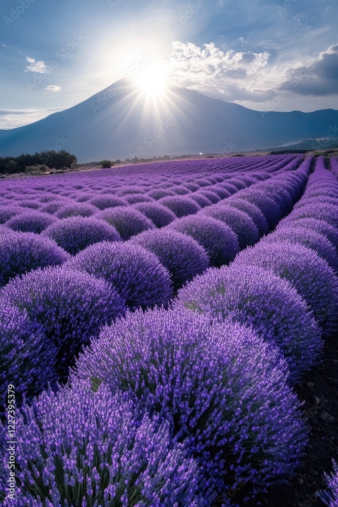 Naklejka premium Lavender field with mountain