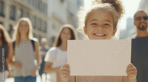 Smiling girl holding blank sign in sunny urban setting, surrounded by people. Her joyful expression captures essence of happiness and community